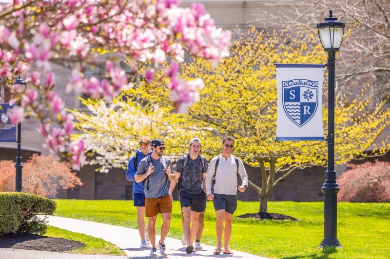 Four mail students walking on campus by tree in full pink bloom, near light with salve crest banner