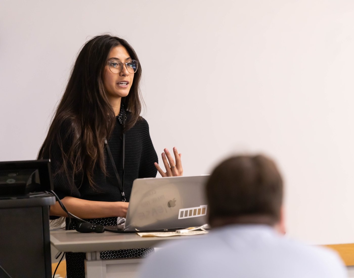 student presenting research