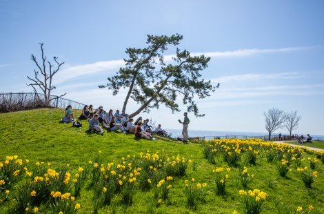 Professor Chace teaches class alongside Cliff Walk.